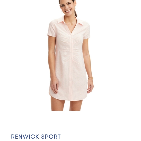 renwick Dresses & Skirts - NWT RENWICK Short Sleeve Button Front Seersucker Polo Dress  Pink & White M